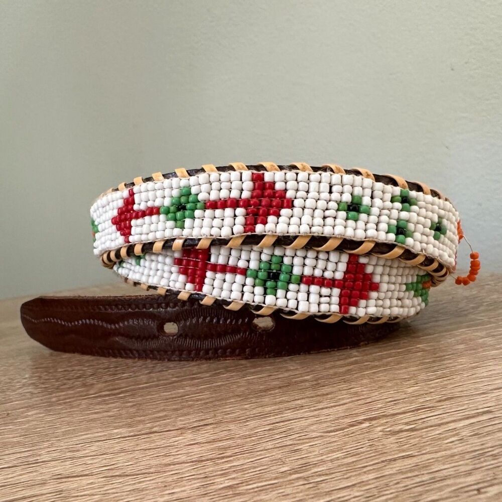 Vintage Beaded Western Belt Seed Bead Geometric Thunderbird Southwestern Boho - Picture 2 of 15